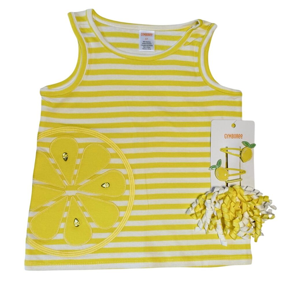 NWT Gymboree Yellow/White Stripes Embroidered Lemon Top & Clip - 5T